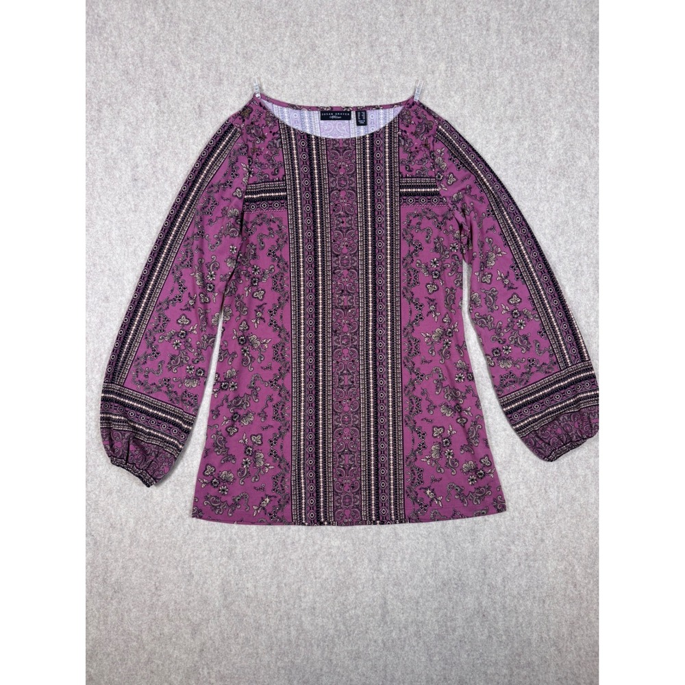 k28. Susan Graver Artisan Purple Paisley Rhinestone Border Print Tunic Top XXS